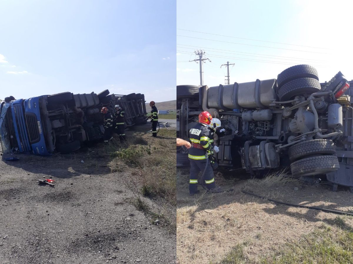 FOTO/ Un TIR cu numere de înmatriculare în R. Moldova, răsturnat în România. Au intervenit pompierii și ambulanța