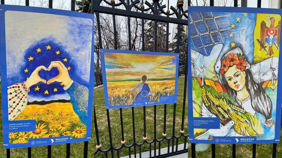 FOTO/ Pe gardul Președinției au fost expuse desene și fragmente de eseuri, dedicate aderării R. Moldova la UE