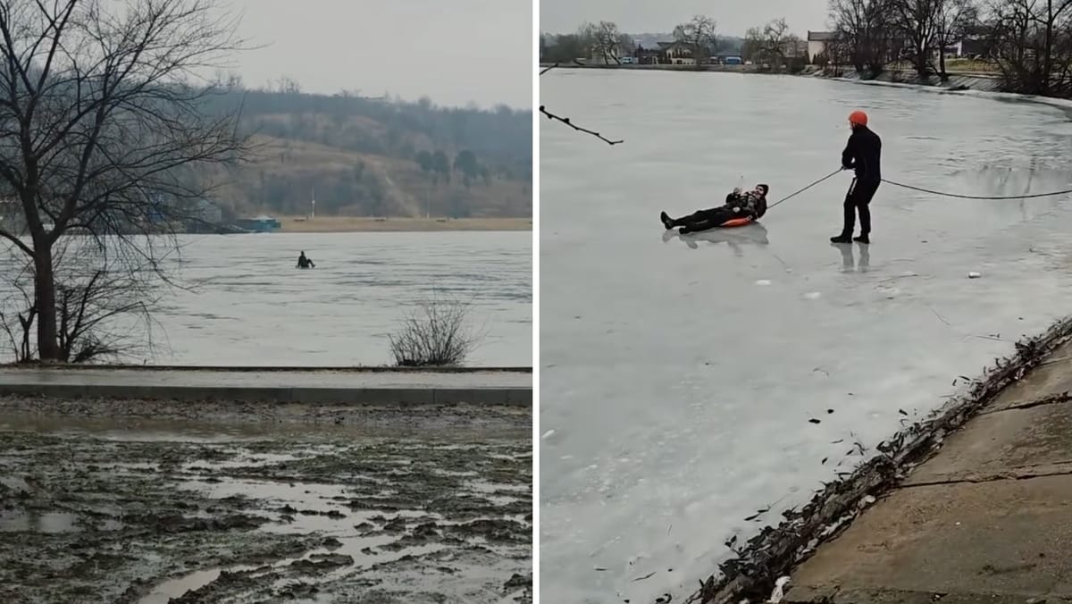 VIDEO/ Un bărbat în stare de ebrietate a fost salvat de pe gheața Lacului Orășenesc din Bălți