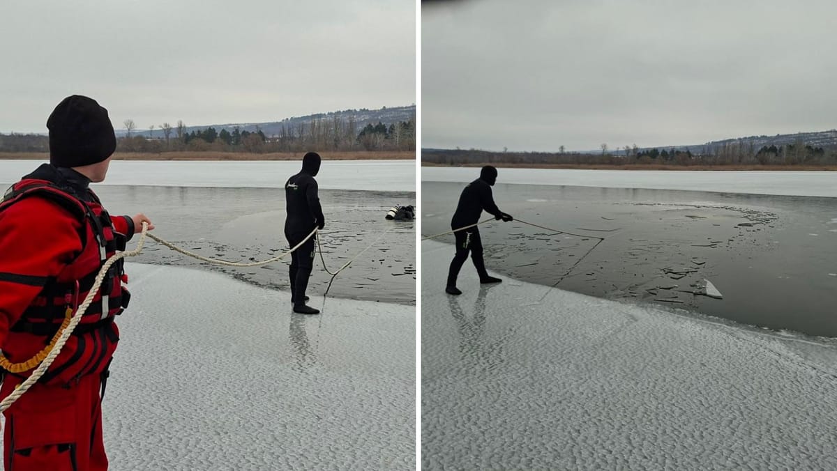 VIDEO/ Mașină găsită sub gheață la Ghidighici. Scafandrii au intervenit de urgență și au verificat dacă sunt oameni înăuntru