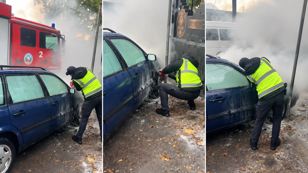 VIDEO/ Mașină în flăcări pe strada Muncești: doi polițiști au intervenit în ajutorul șoferului cu nevoi speciale