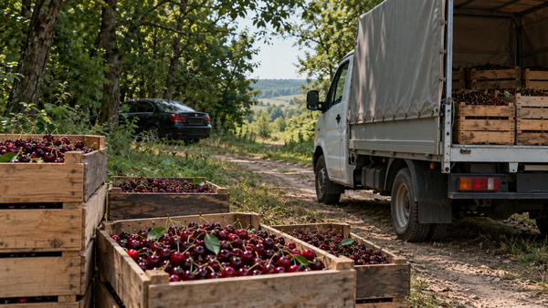 Capcană cu două camioane de vișine: un comerciant ar fi fost bătut și legat, iar atacatorii i-ar fi cerut 900.000 de lei