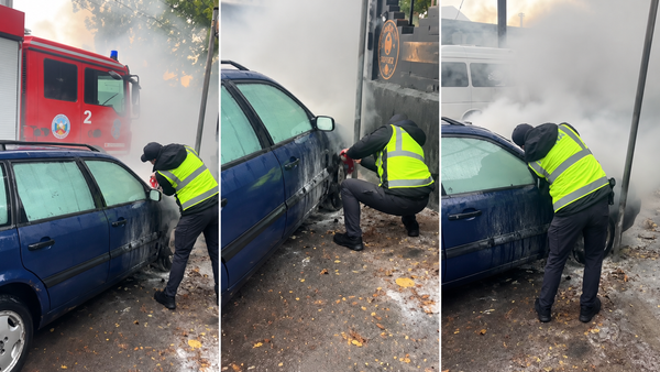 VIDEO/ Mașină în flăcări pe strada Muncești: doi polițiști au intervenit în ajutorul șoferului cu nevoi speciale