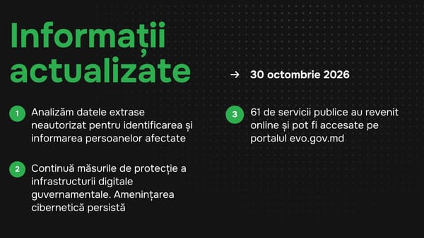 Noi informații despre atacul cibernetic: 61 de servicii publice au fost restabilite, iar 21 rămân temporar indisponibile